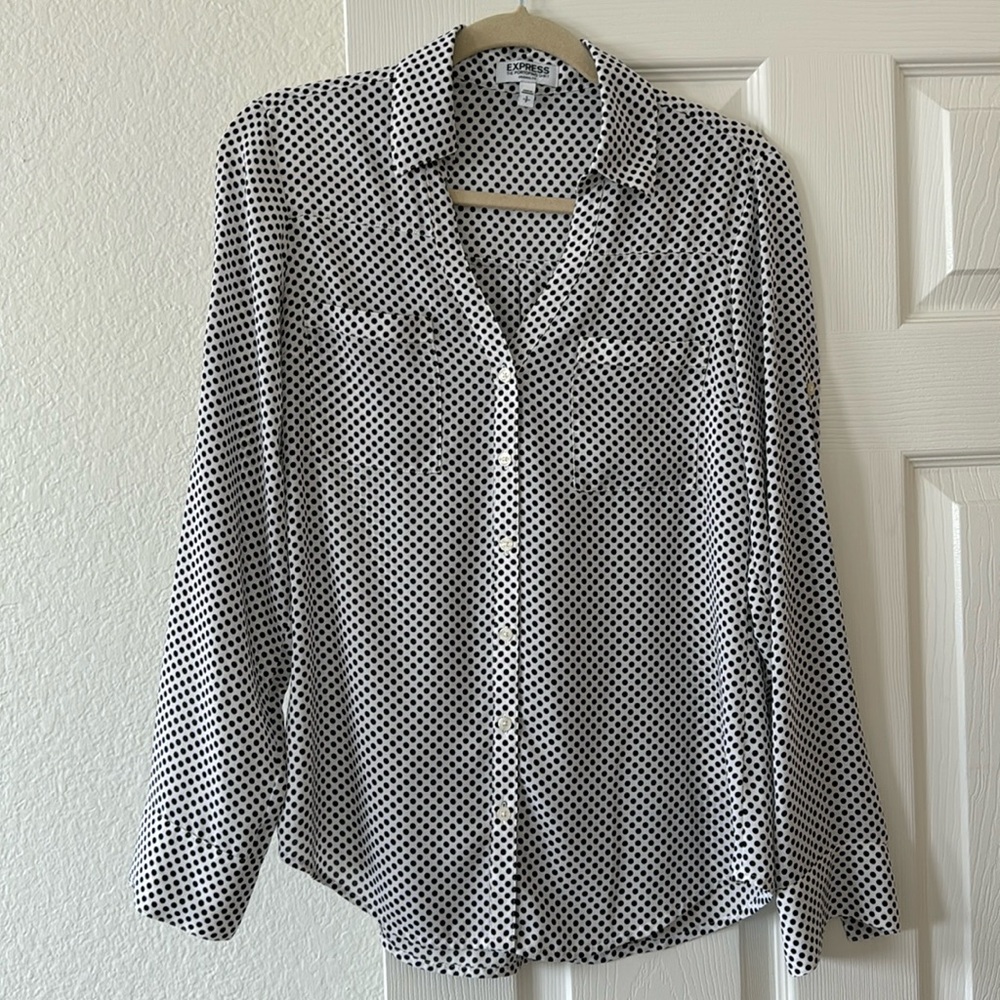 Express White & Black Polka Dot Portofino Shirt Size S